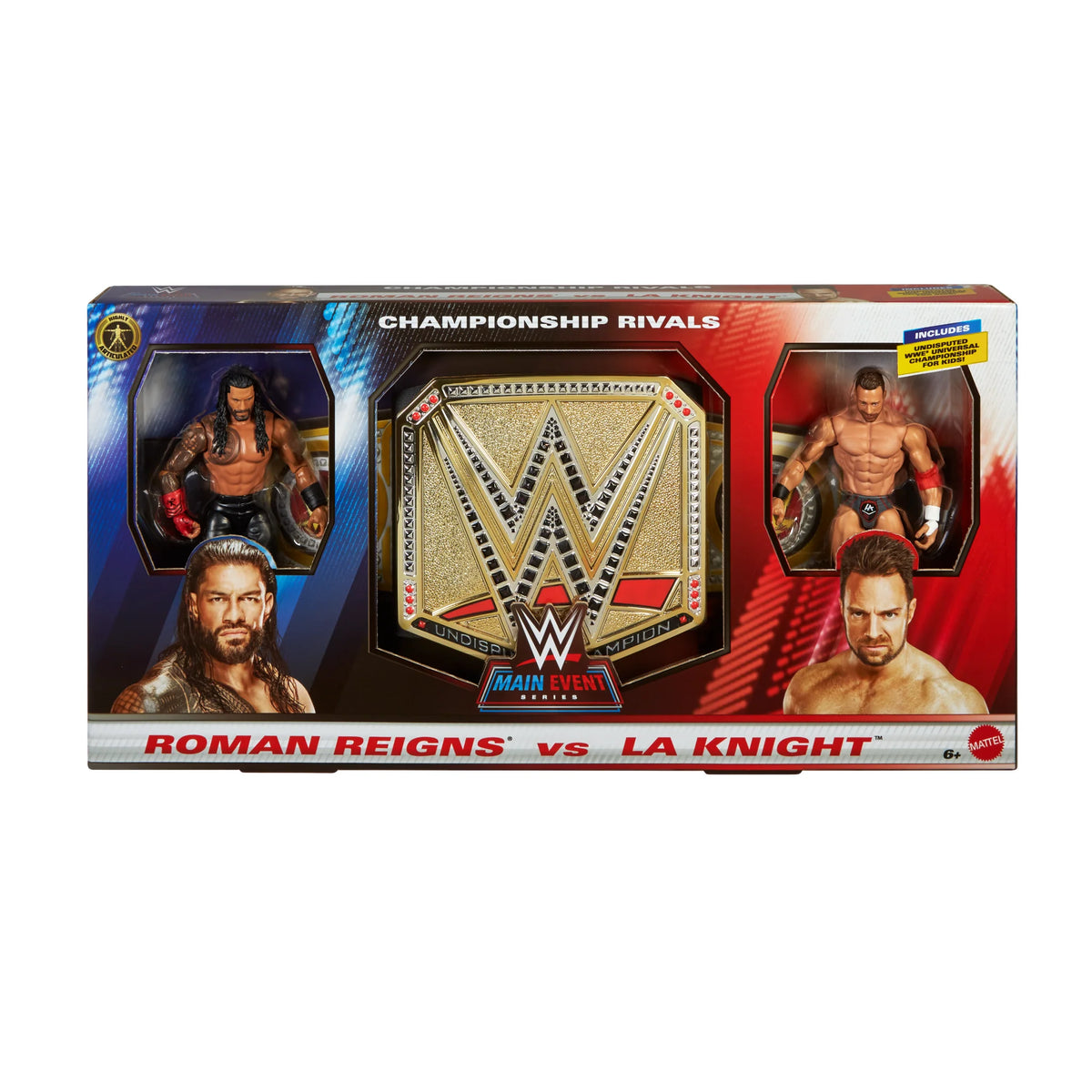 WWE Championship Rivals: Cintura giocattolo WWE Undisputed + Action Figure Main Event di Roman Reigns e LA Knight