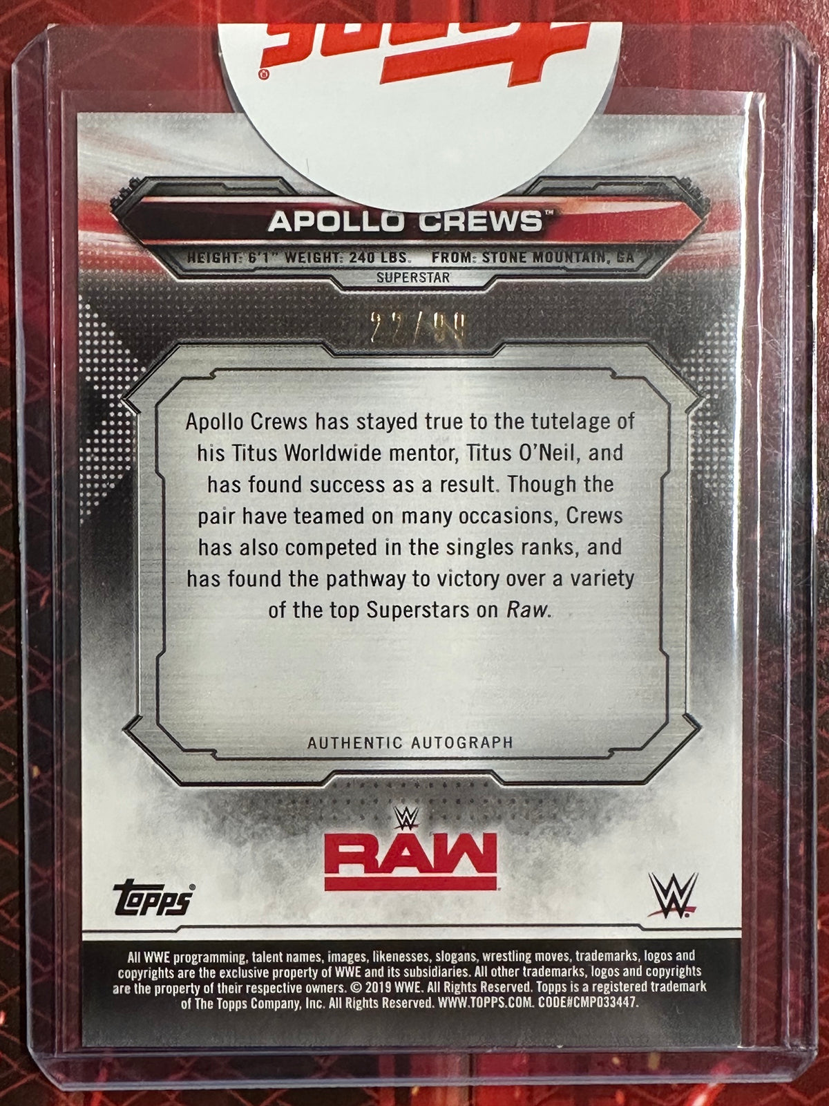 WWE Topps 2019 - Authentic Autographs - Apollo Crews (Numerata 22/99)