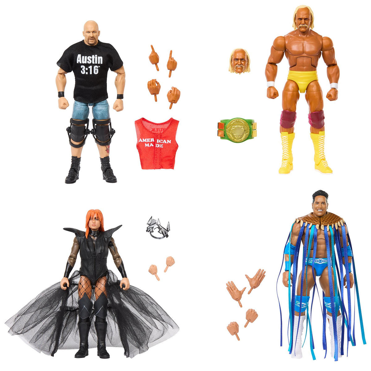 WWE Elite 60 Anniversary 4-Pack - Hulk Hogan + Rocky Maivia + Steve Austin + Becky Lynch (Vedi le foto)