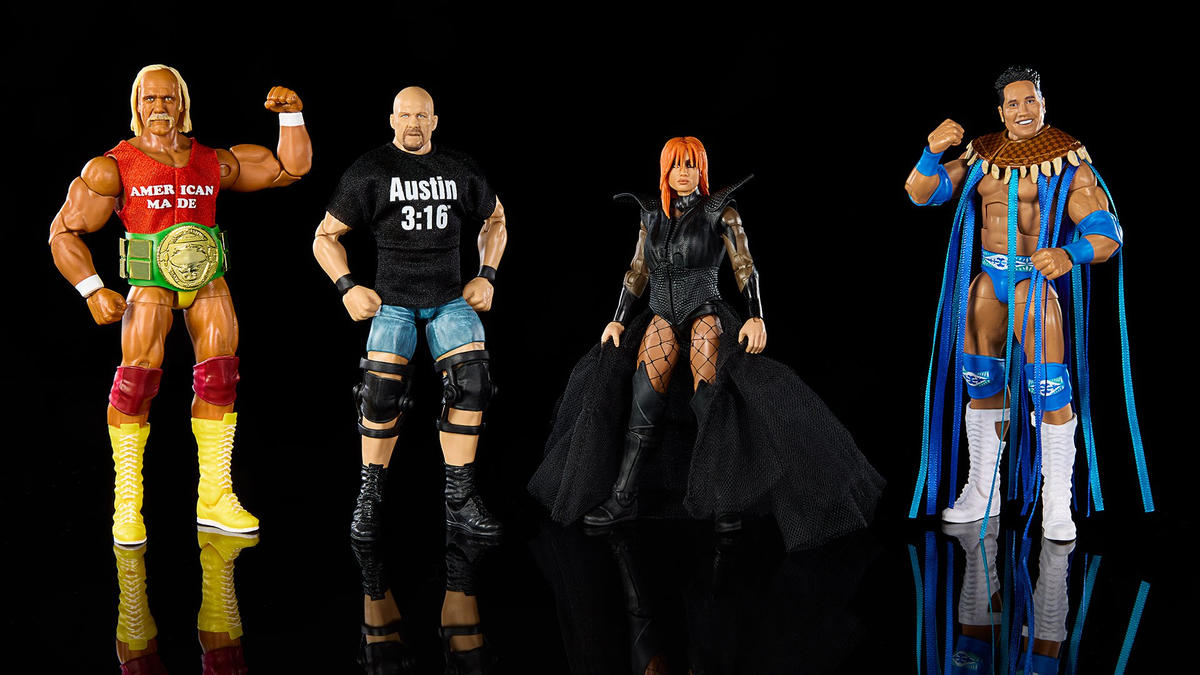 WWE Elite 60 Anniversary 4-Pack - Hulk Hogan + Rocky Maivia + Steve Austin + Becky Lynch (Vedi le foto)
