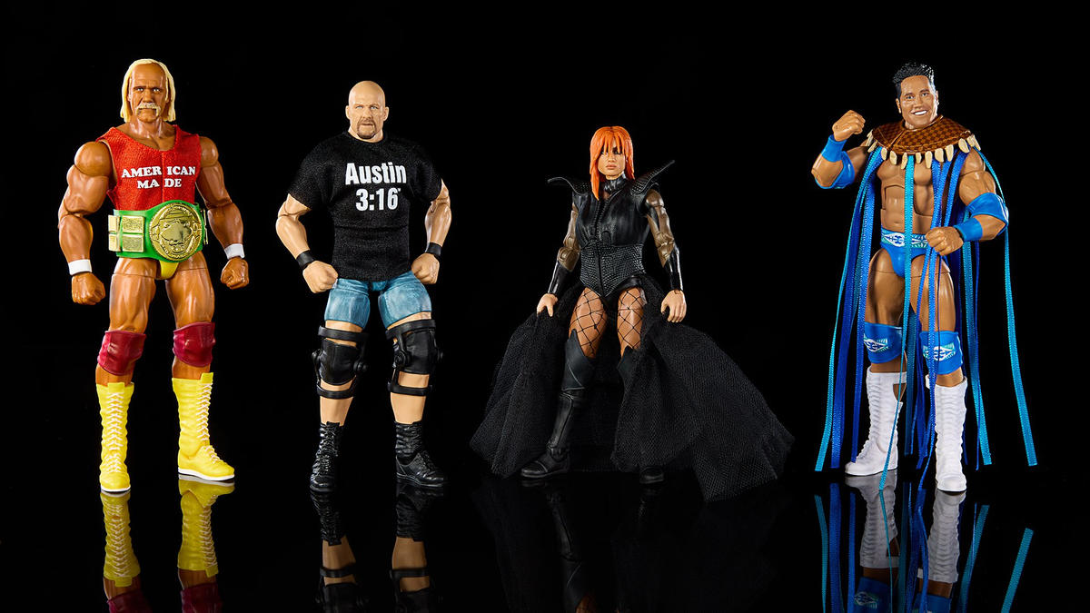 WWE Elite 60 Anniversary 4-Pack - Hulk Hogan + Rocky Maivia + Steve Austin + Becky Lynch (Vedi le foto)