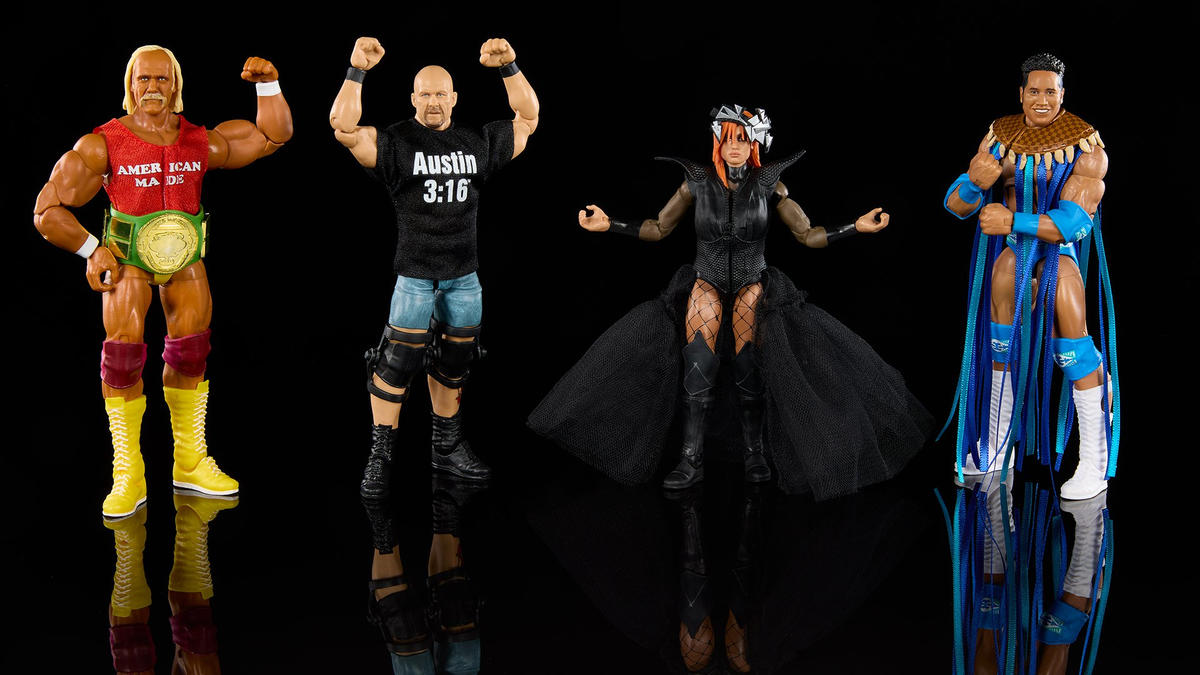 WWE Elite 60 Anniversary 4-Pack - Hulk Hogan + Rocky Maivia + Steve Austin + Becky Lynch (Vedi le foto)