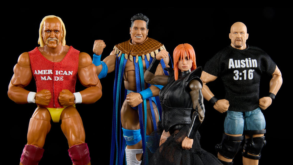 WWE Elite 60 Anniversary 4-Pack - Hulk Hogan + Rocky Maivia + Steve Austin + Becky Lynch (Vedi le foto)