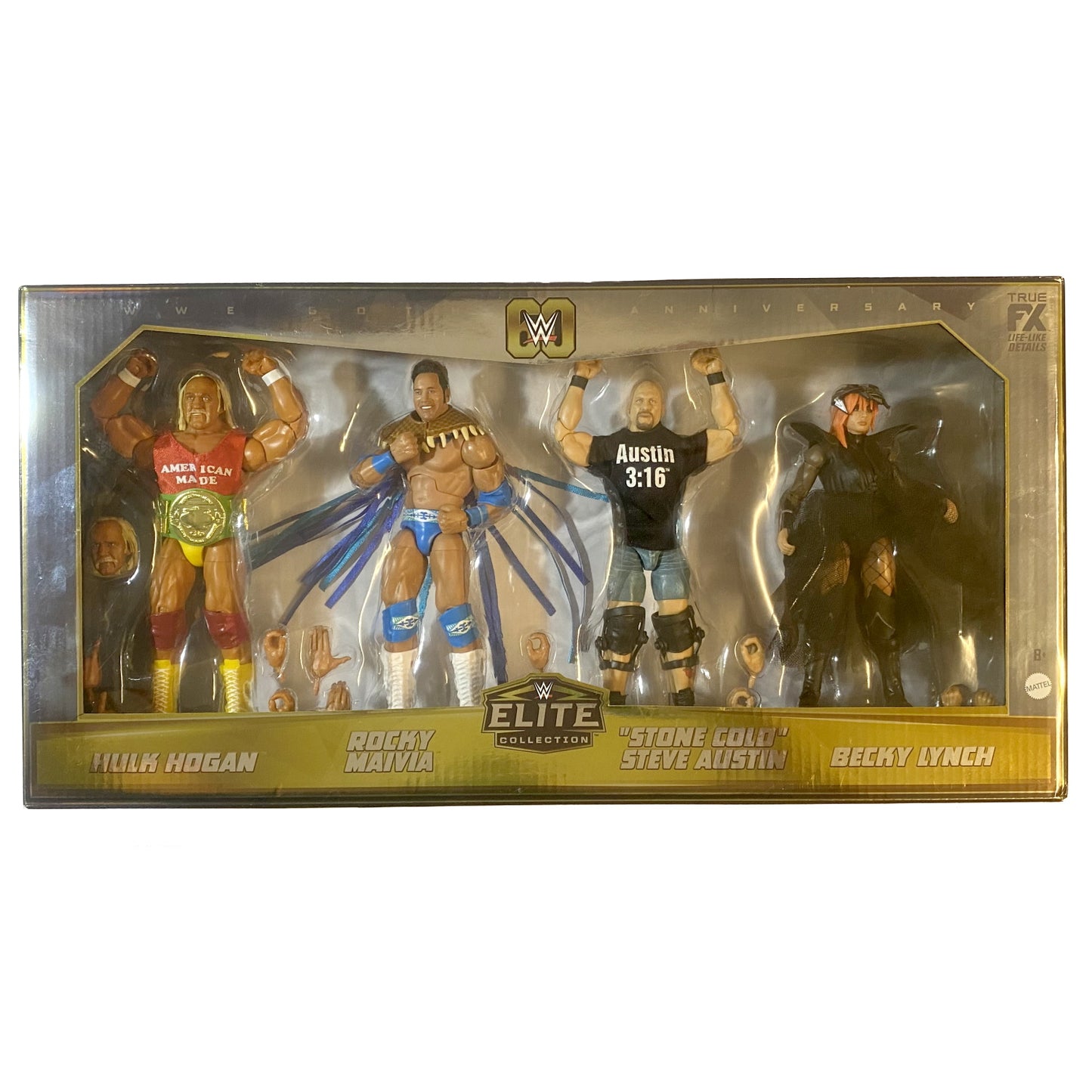 WWE Elite 60 Anniversary 4-Pack - Hulk Hogan + Rocky Maivia + Steve Austin + Becky Lynch (Vedi le foto)